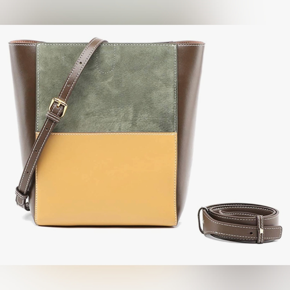NWT! Genuine Leather Minimalist Color Block Tote Bucket Bag Olive🔥HP 3-23-24🔥 - Picture 2 of 10